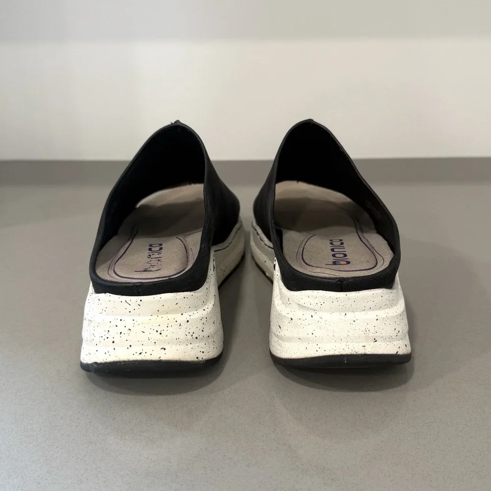Bionica Oceana Wedge Slide 7.5 Black Leather Slip On Comfort Sporty Platform